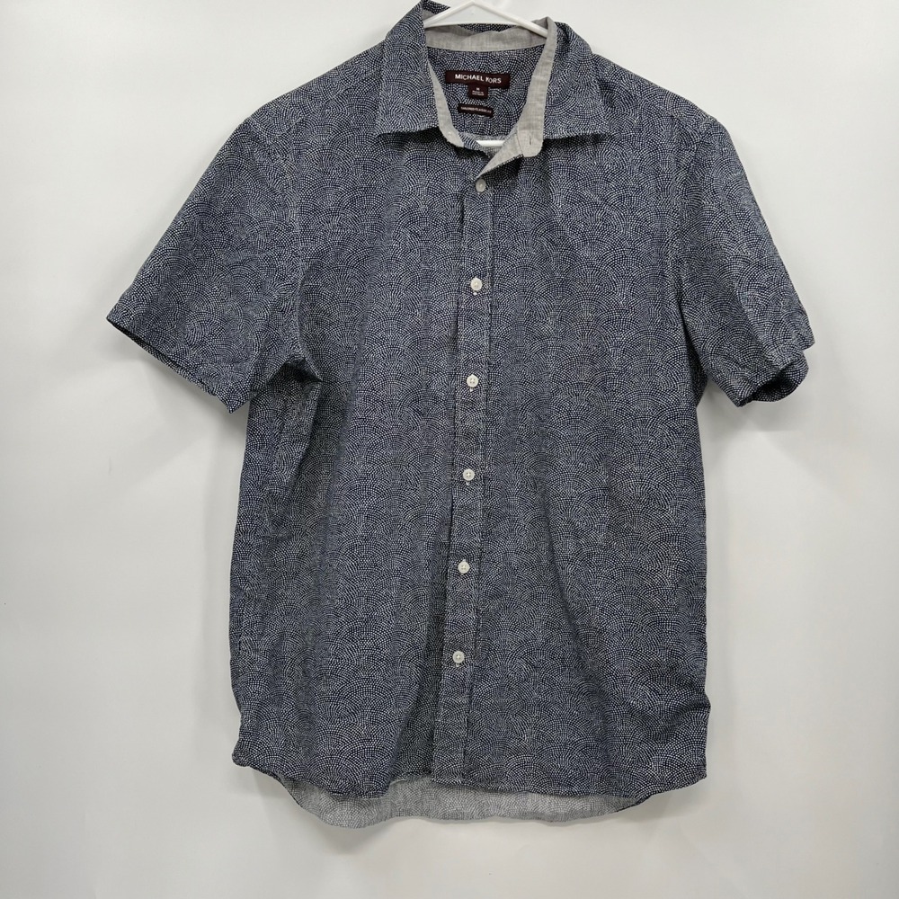 Michael Kors Medium Button Down Shirt Mens Navy White Fan Print Short Sleeve